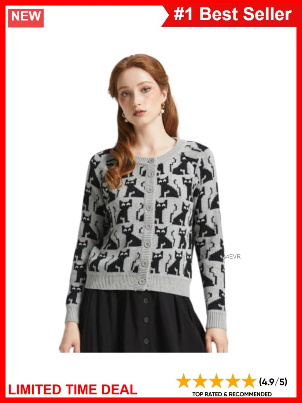 100% Cotton Black Cat Cardigan Button Front Crew Neck Knit Sweater